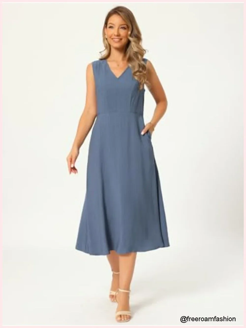 Sleeveless V-Neck Linen Tank Midi Dress with Pockets